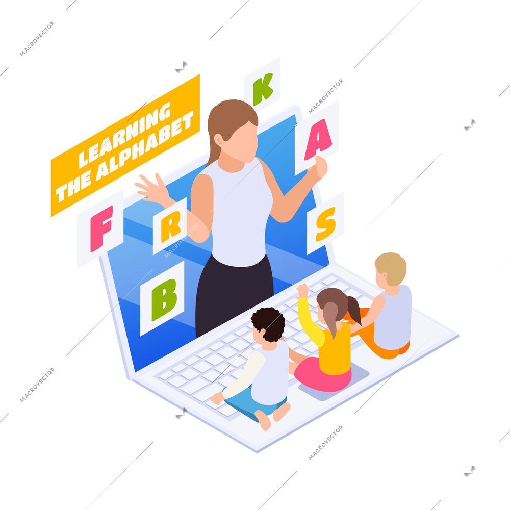 Home education icon with children learning alphabet online 3d vector illustration