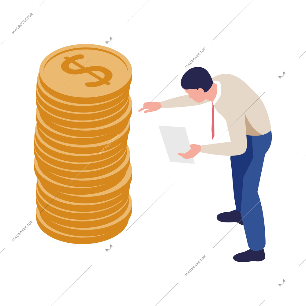 Acoounting isometric icon with man counting coins 3d vector illustration
