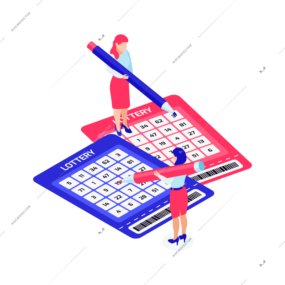 Two characters filling out lottery tickets isometric icon 3d vector illustration