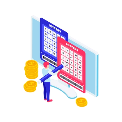 Online lottery isometric icon with man filling out tickets on computer 3d vector illustration