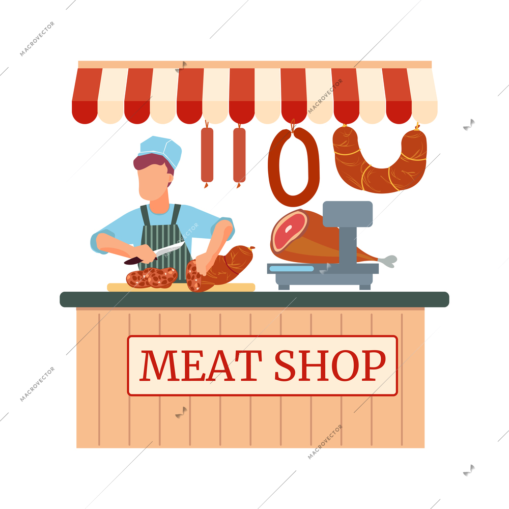 Flat shop with butcher and meat products vector illustration