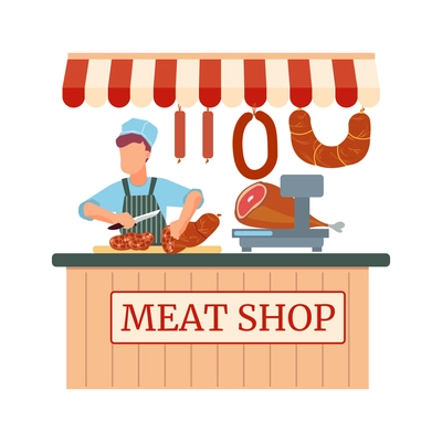 Flat shop with butcher and meat products vector illustration