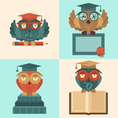 Flat colored owl in graduation caps with books and diploma silhouette set isolated vector illustration