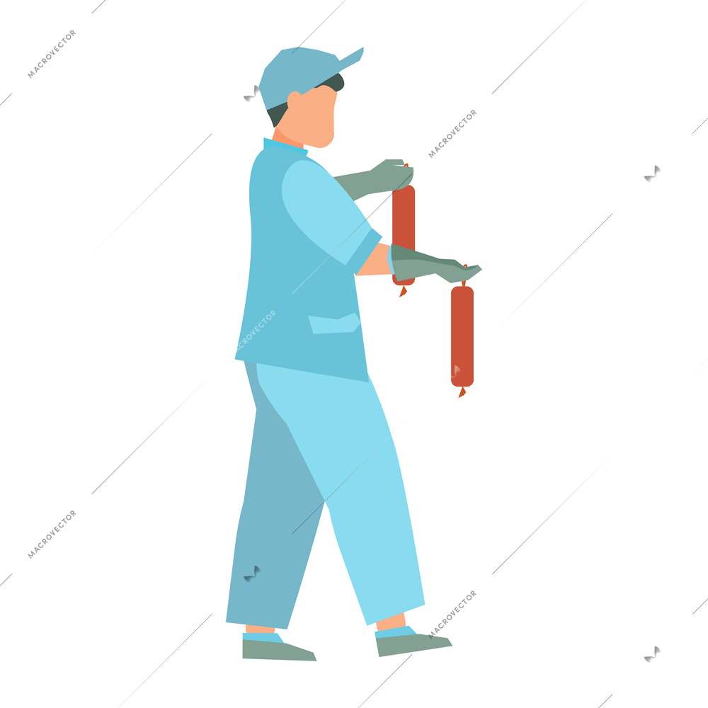 Flat icon with factory worker in uniform carrying two sausages vector illustration