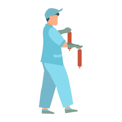 Flat icon with factory worker in uniform carrying two sausages vector illustration