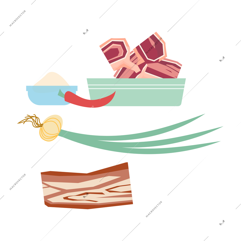 Flat composition with meat and cooking ingredients isolated vector illustration