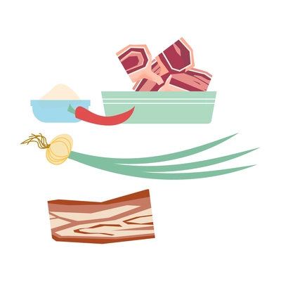 Flat composition with meat and cooking ingredients isolated vector illustration