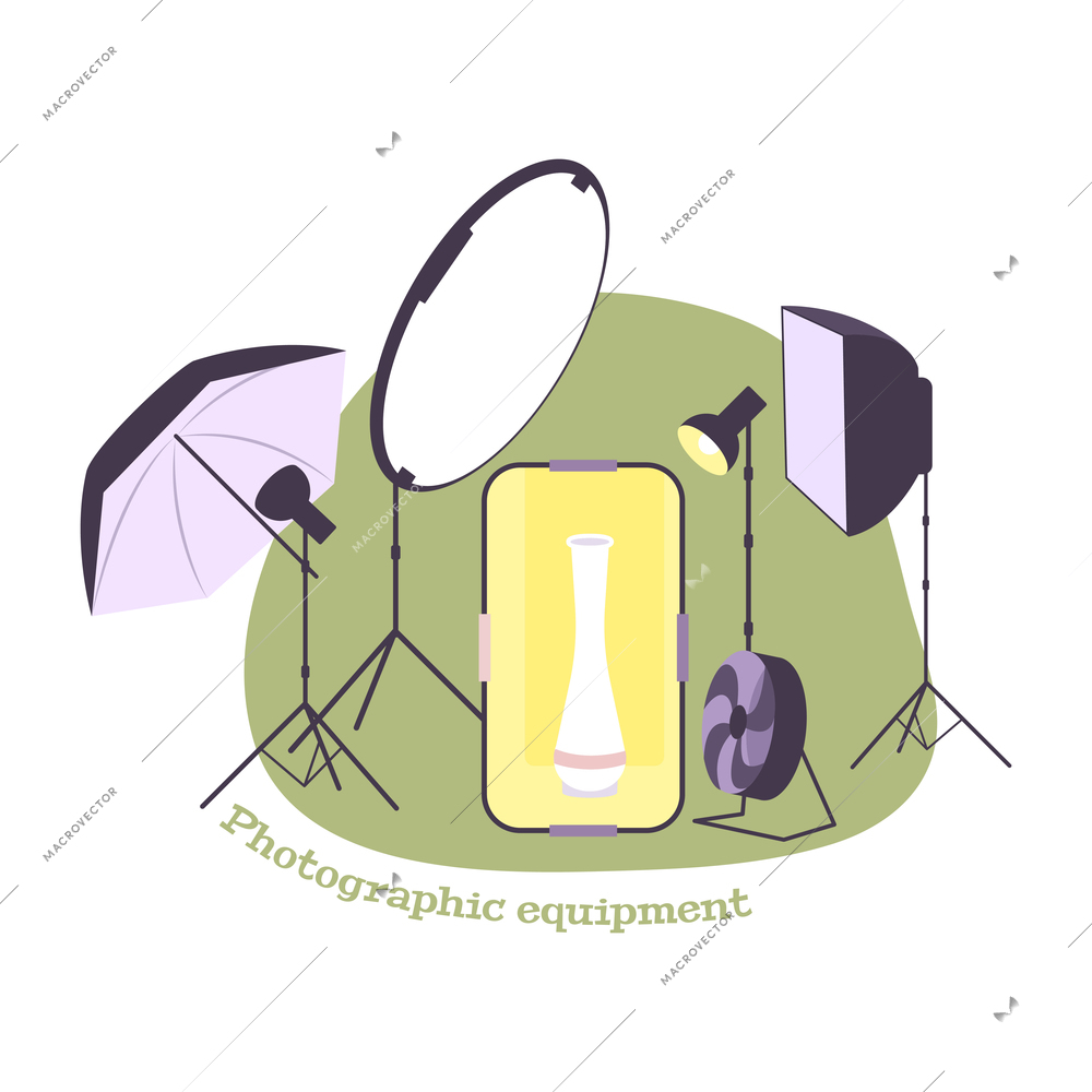 Various photographic equipment for professional photo studio flat composition vector illustration