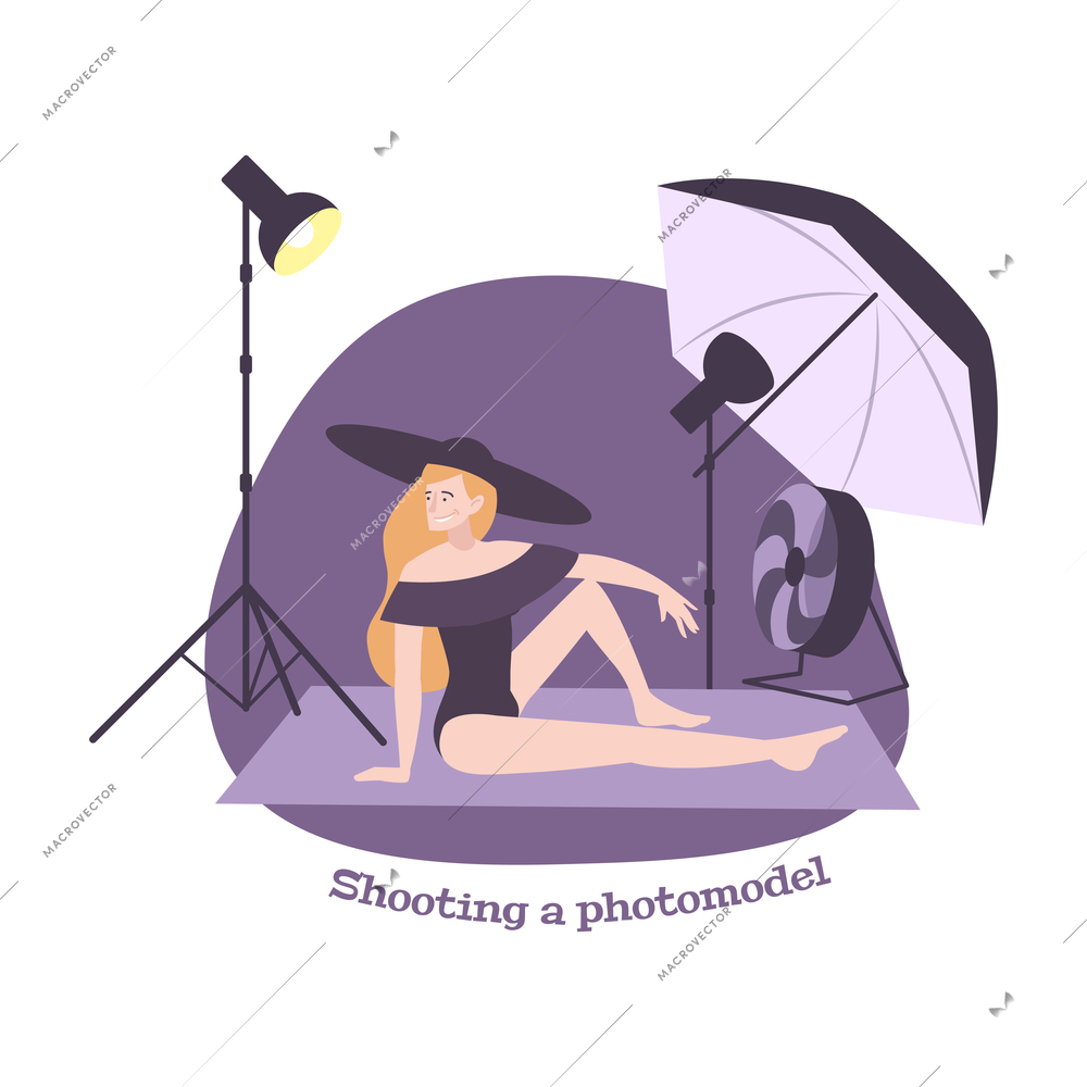 Photography flat composition with female model on photo shoot in studio vector illustration