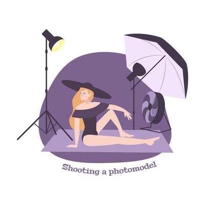 Photography flat composition with female model on photo shoot in studio vector illustration