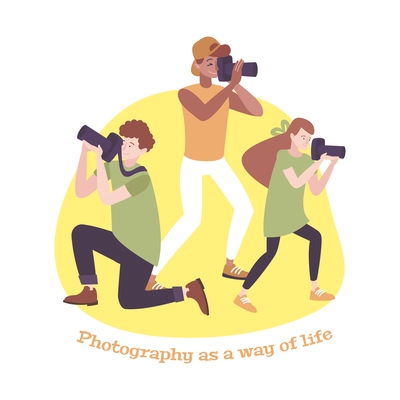 Photography flat composition with text and three photographers taking pictures vector illustration