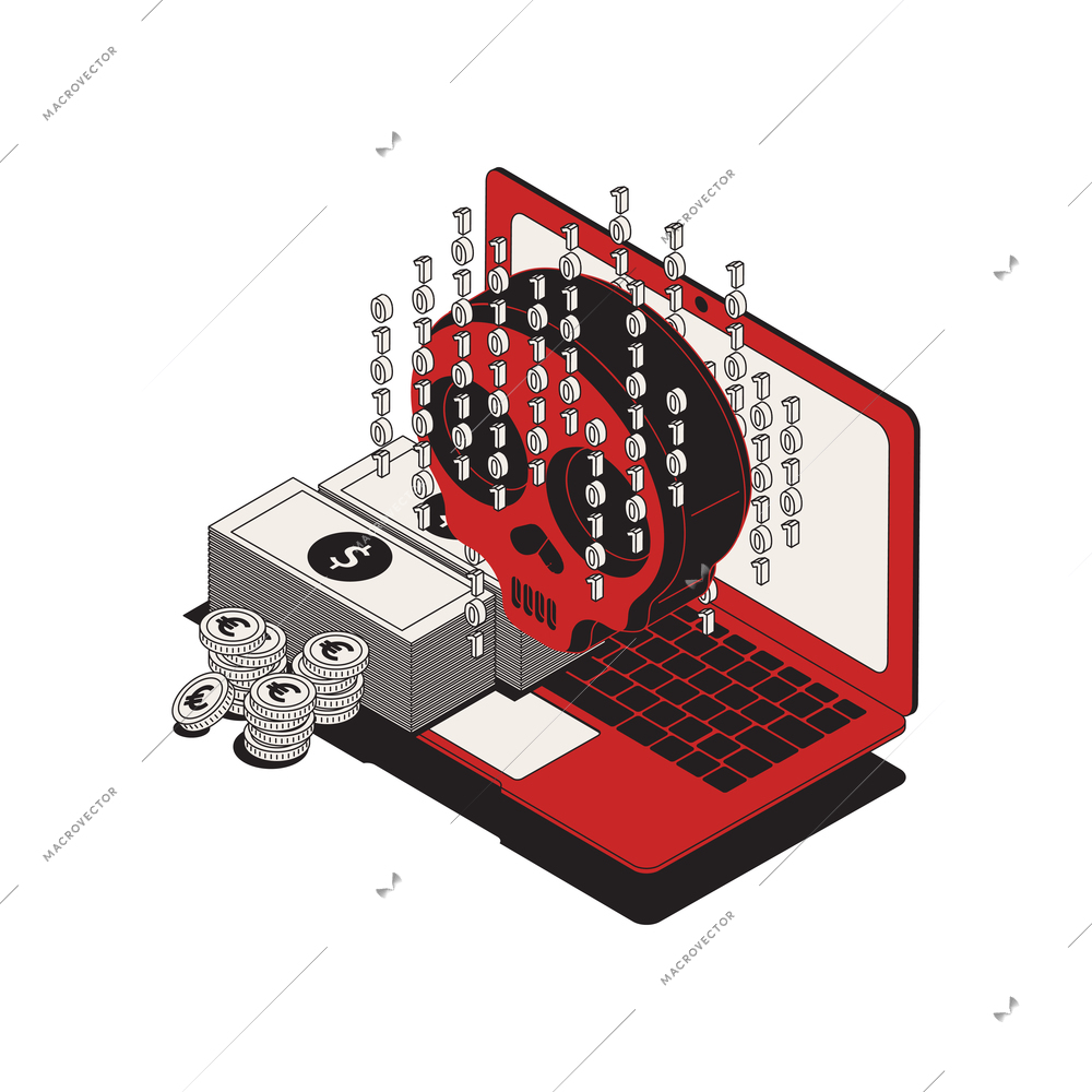 Dirty money computer crime isometric icon with laptop cash biometric code 3d vector illustration