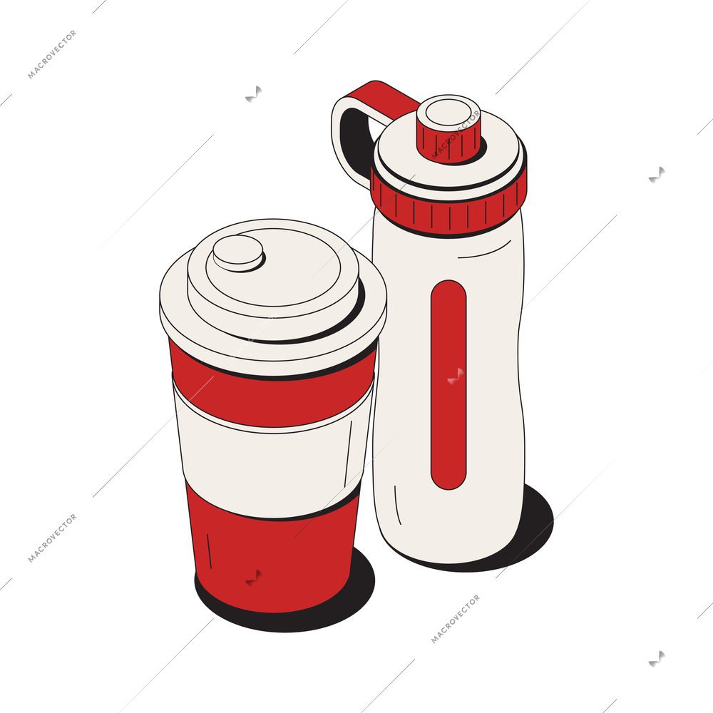 Isometric icon with reusable touristic water bottle and drinking cup 3d vector illustration