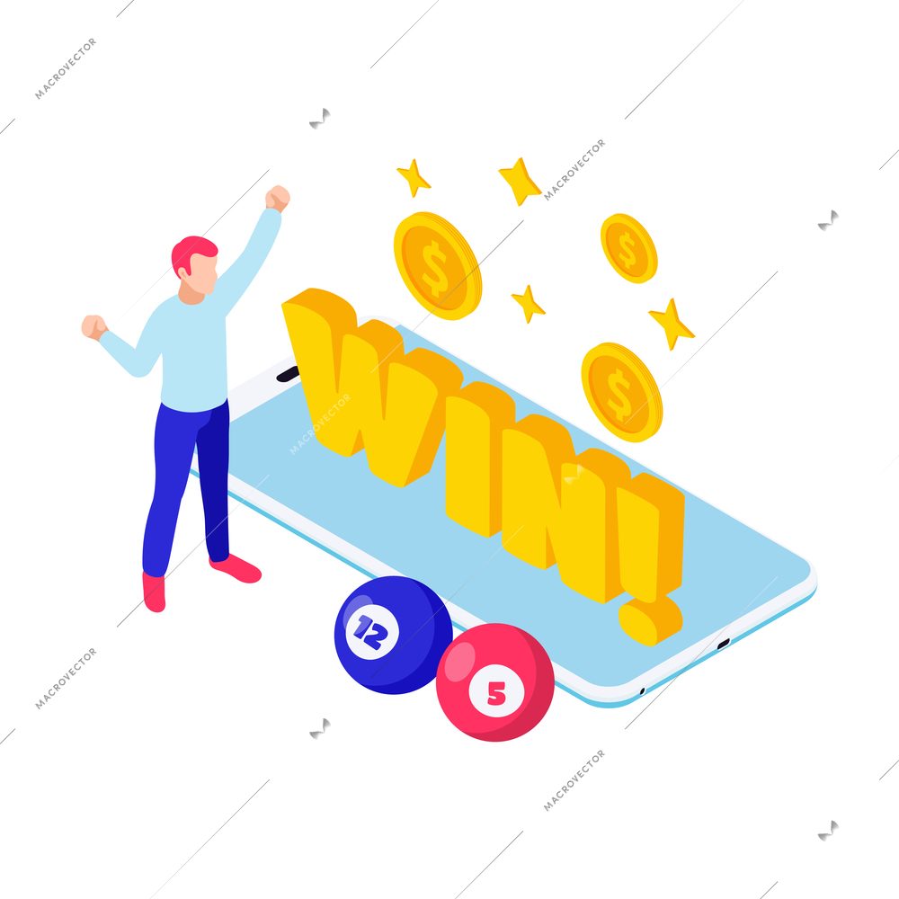 Lottery isometric icon with character of winner bingo balls and smartphone vector illustration