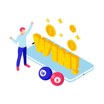 Lottery isometric icon with character of winner bingo balls and smartphone vector illustration