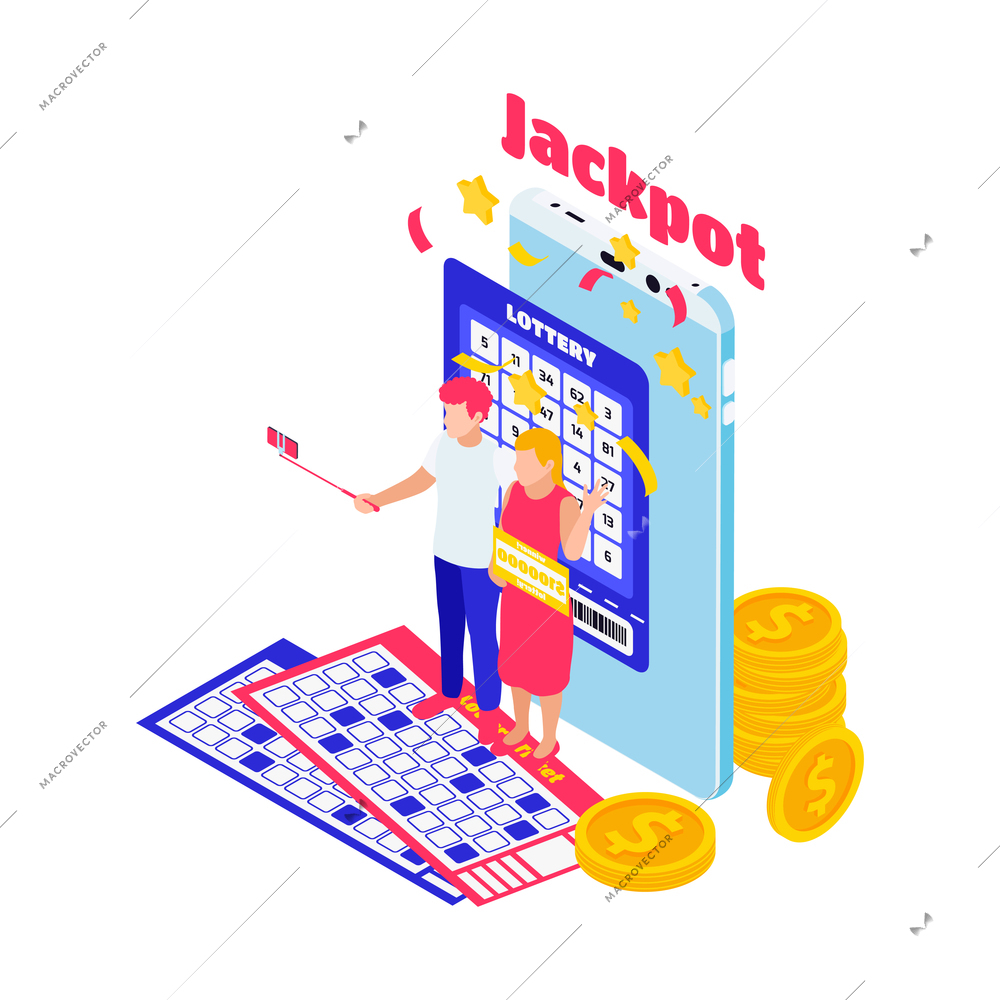 Jackpot isometric icon with lottery winners tickets coins 3d vector illustration