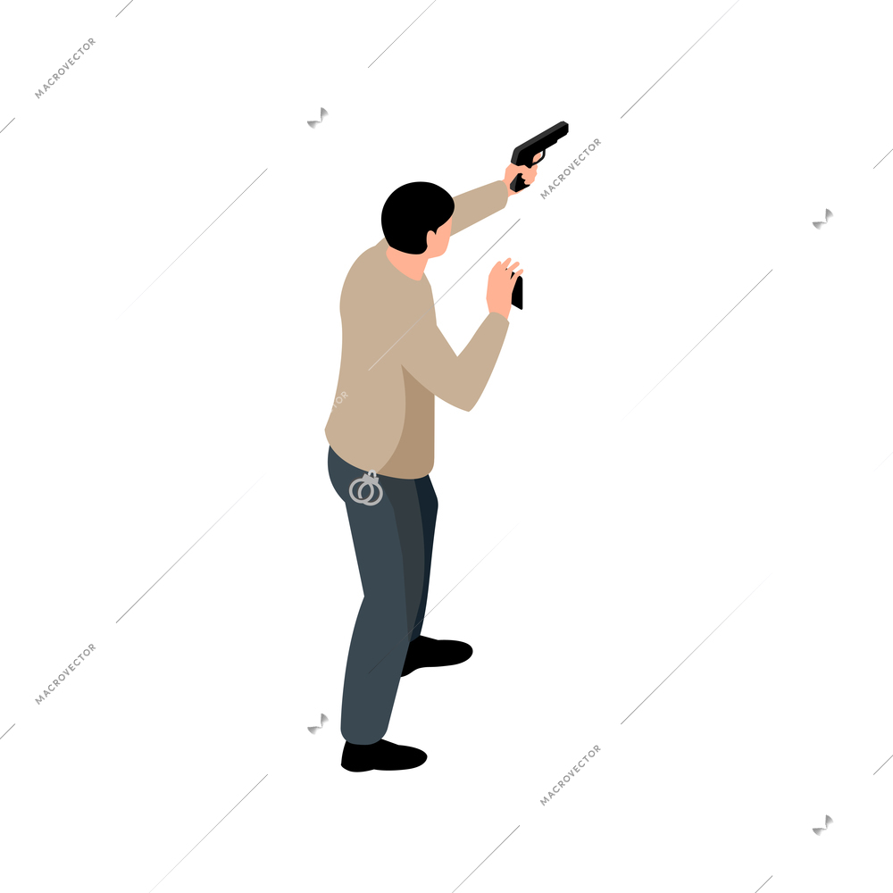 Male police agent with pistol isometric icon on white background vector illustration