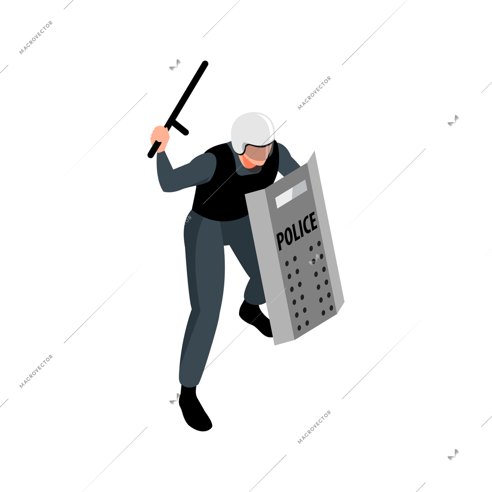 Isometric character of police officer with baton shield wearing helmet vector illustration