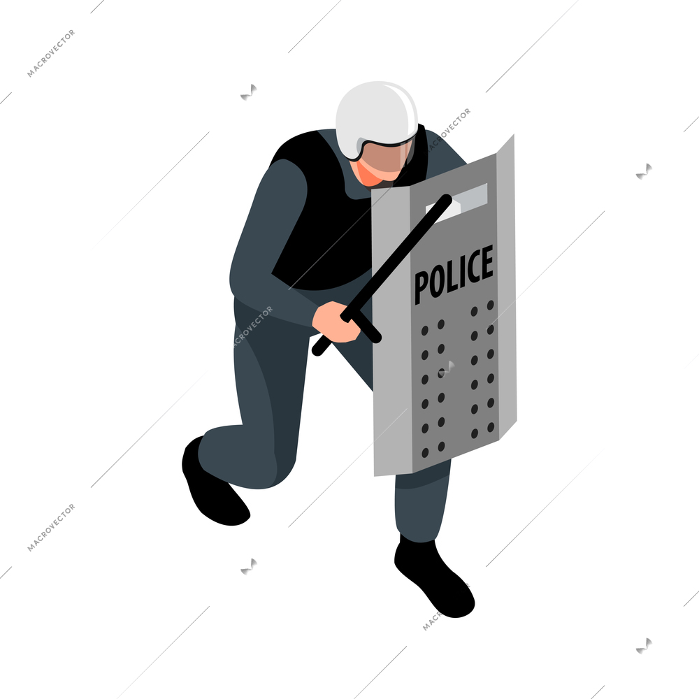 Isometric police officer with shield and baton vector illustration