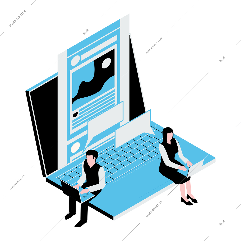 Isometric social media internet communication icon with laptop and two human characters 3d vector illustration