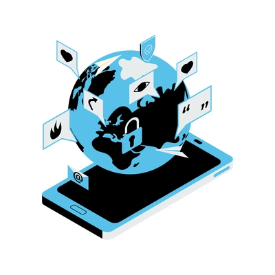 Social media global network isometric icon with 3d globe and smartphone vector illustration