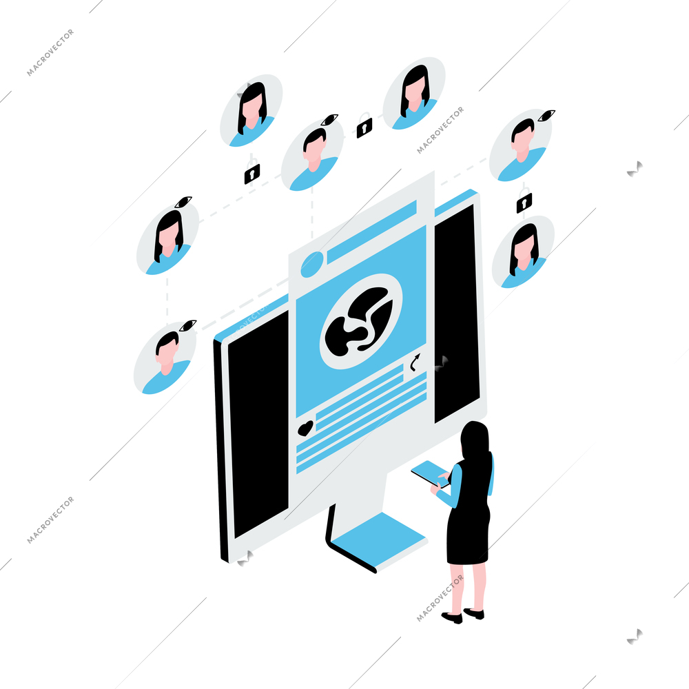 Isometric social media icon with computer smartphone female character 3d vector illustration