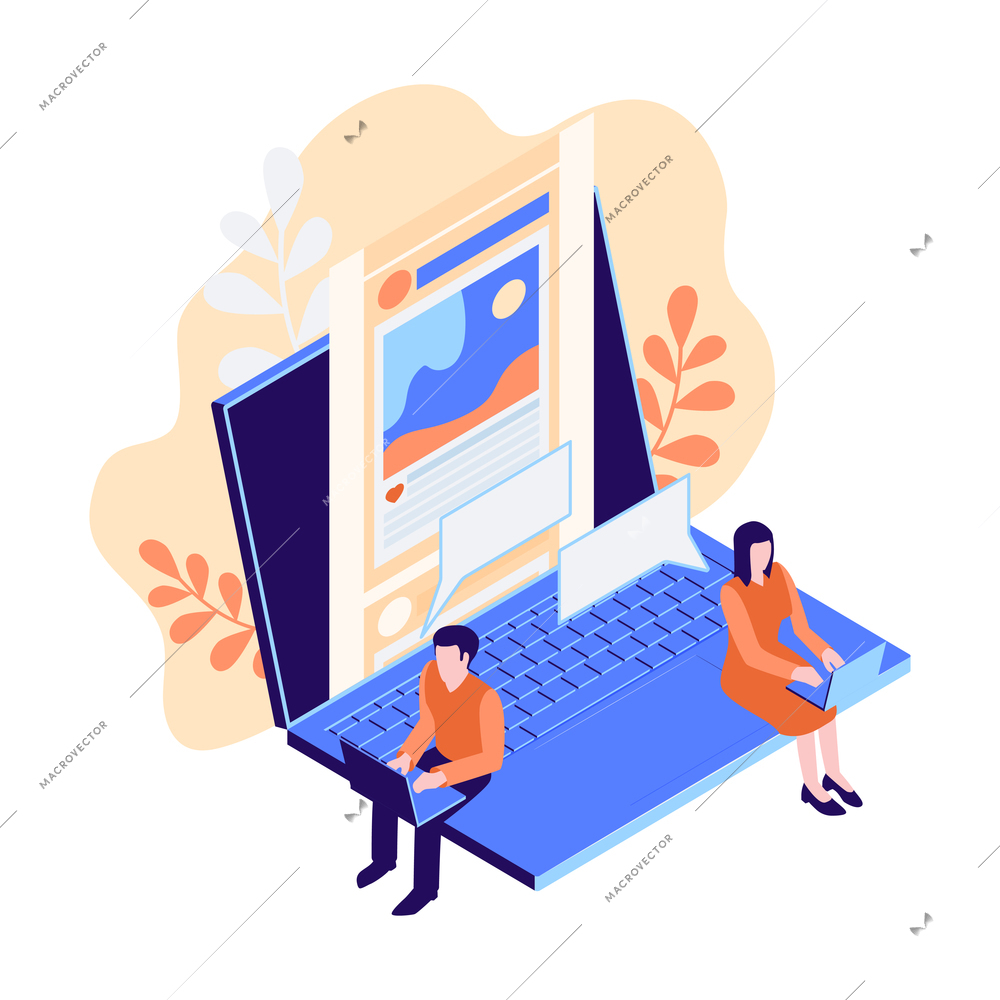 People using laptops for communicating in social media isometric icon 3d vector illustration