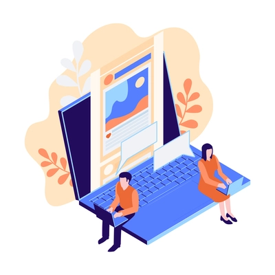 People using laptops for communicating in social media isometric icon 3d vector illustration