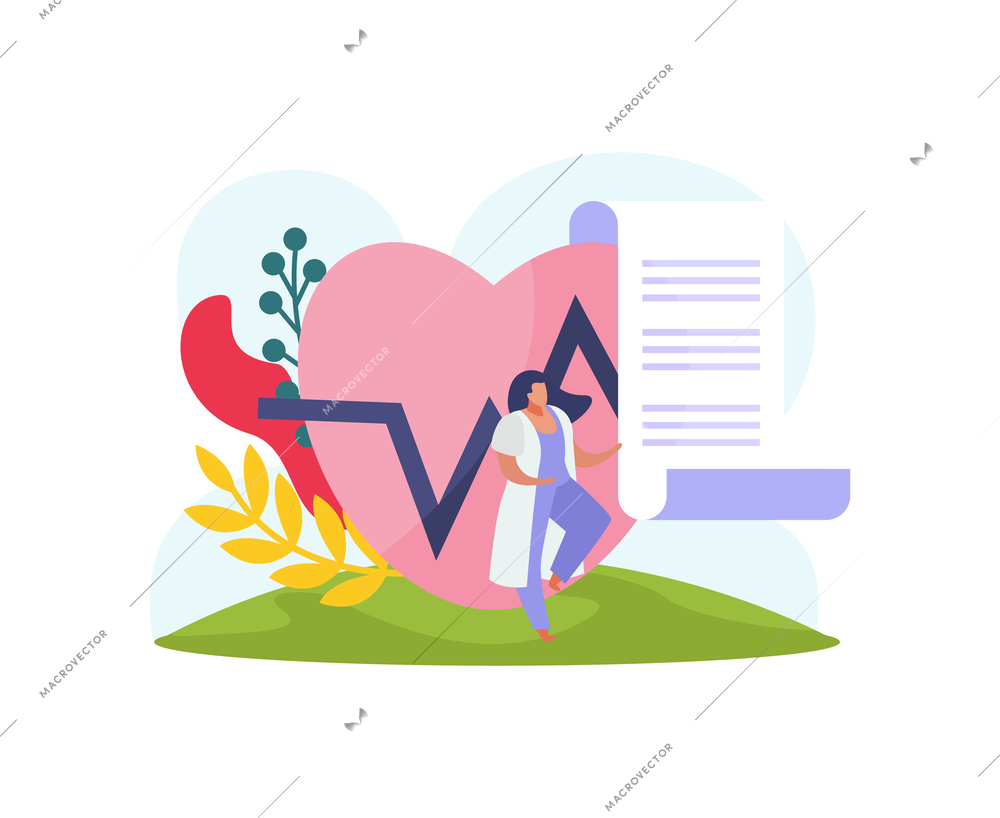 Flat health insurance composition with character of doctor and human heart vector illustration