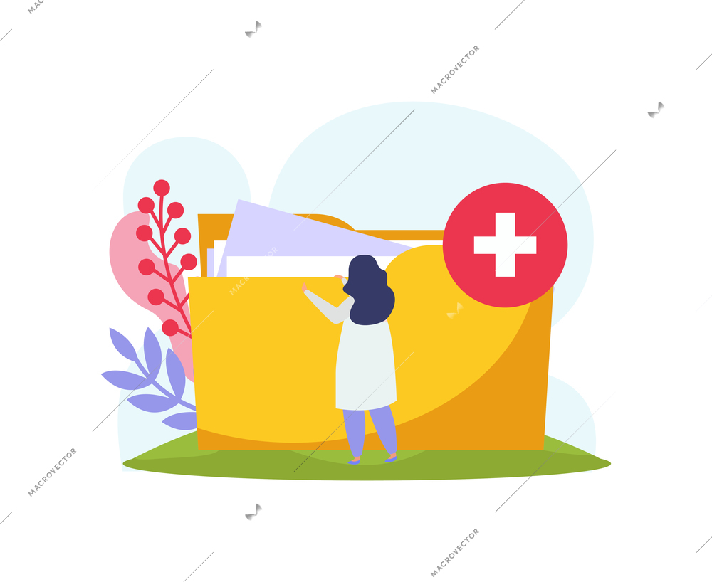Health insurance flat color icon with human character and folder with papers vector illustration