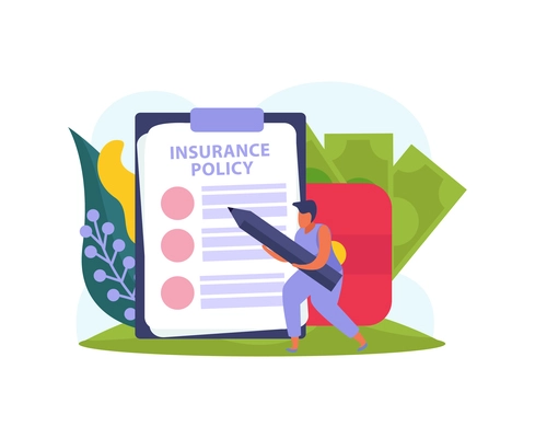 Flat design icon with health insurance policy and character holding pencil vector illustration