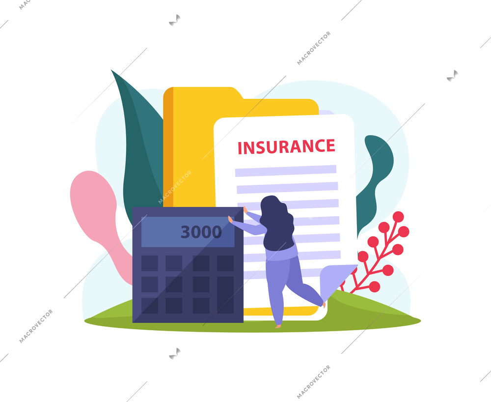 Flat icon with health insurance policy calculator and female character vector illustration
