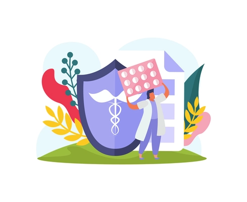 Health insurance flat icon with colorful shield and character holding blister with medication vector illustration