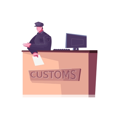 Customs control desk with character of security guard flat vector illustration