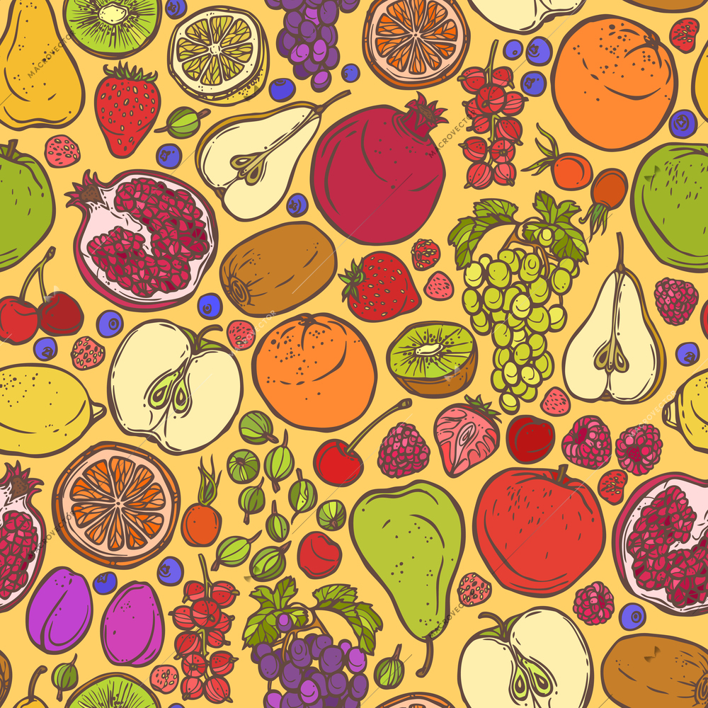 Natural organic organic fruits and berries seamless pattern vector illustration