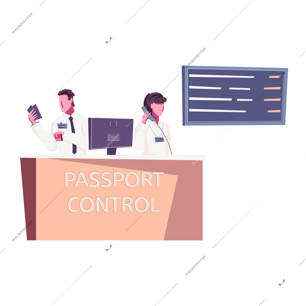 Passport control counter in airport with two human characters flat vector illustration