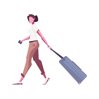 Woman in casual clothes with suitcase and passport flat vector illustration