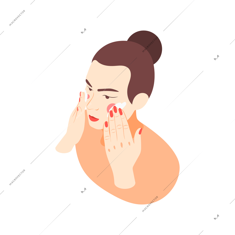 Face skin care icon with female character applying facial cream isometric vector illustration