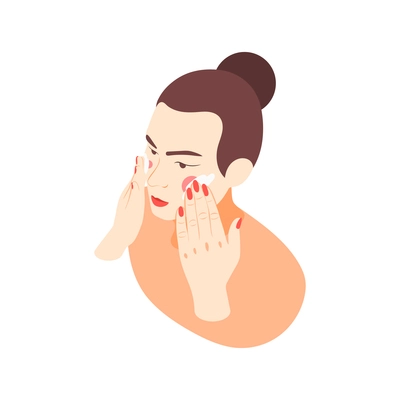 Face skin care icon with female character applying facial cream isometric vector illustration