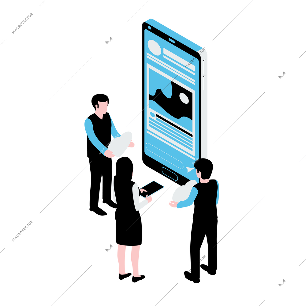 Communication in social media isometric icon in blue and black color with smartphone and three people vector illustration