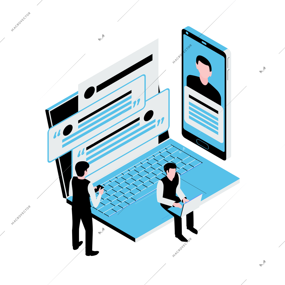Social media icon with people chatting online using various gadgets 3d isometric vector illustration