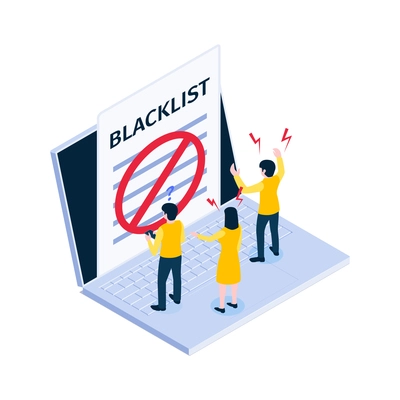 Internet ban blacklist isometric icon with denied access and users in panic 3d vector illustration