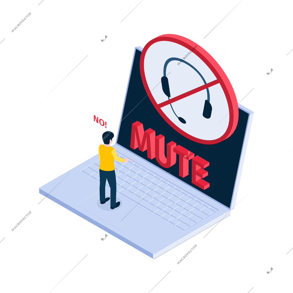 Isometric internet blocking icon with mute notification on laptop and character 3d vector illustration