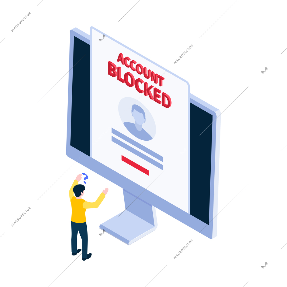 Internet blocking icon with character and notification of his block account on computer 3d vector illustration