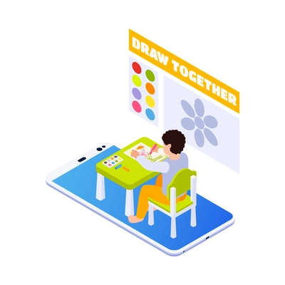 Home education isometric icon with girl drawing on online art lesson 3d vector illustration