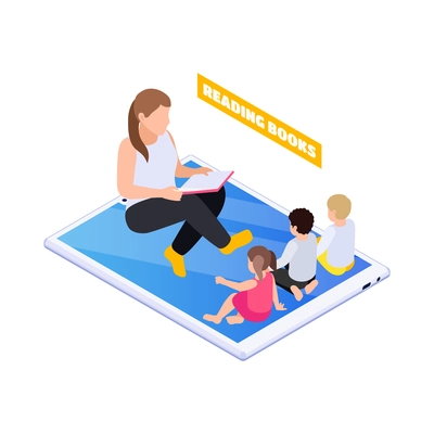 Online education isometric icon with children reading books with teacher vector illustration