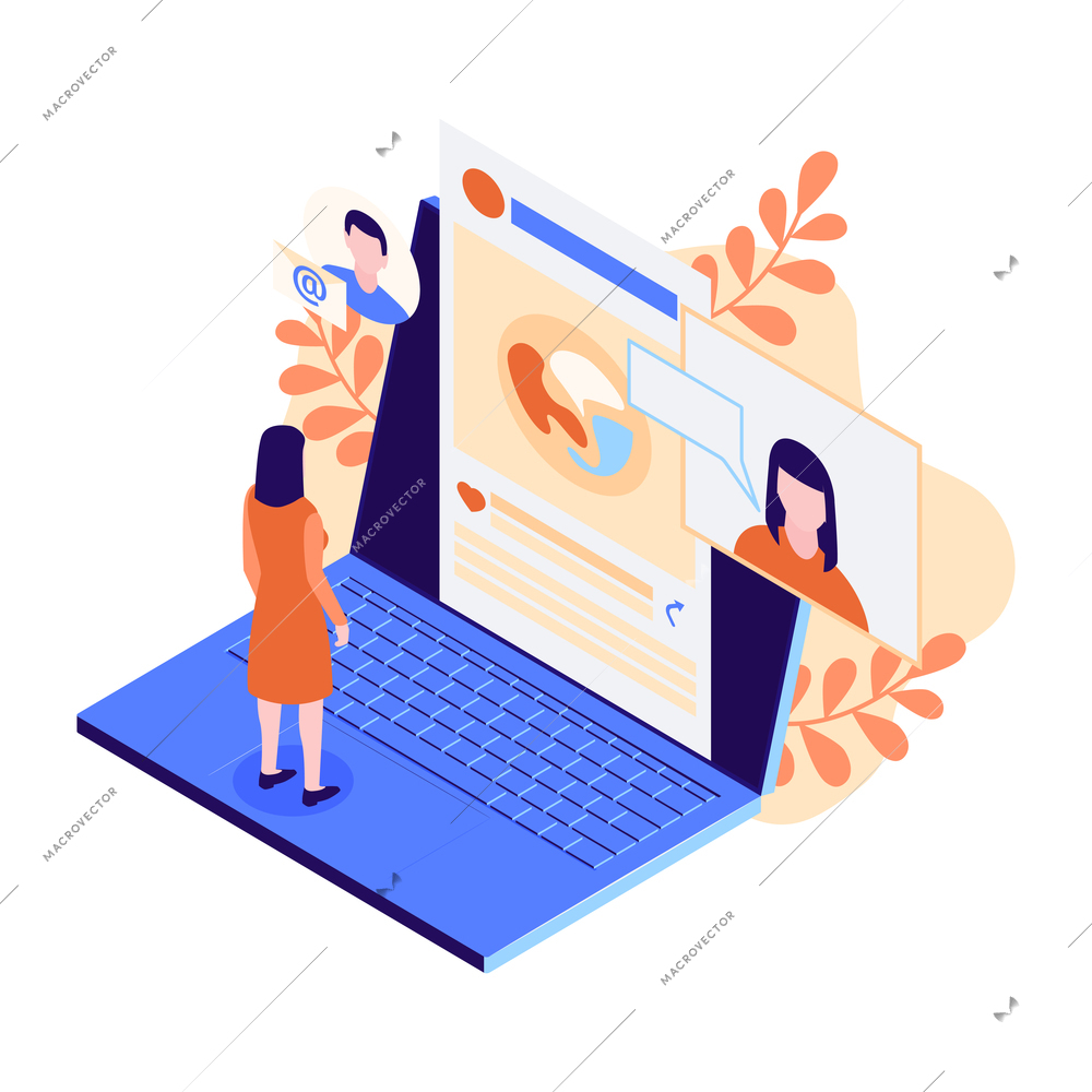 Social media isometric icon with laptop email chatting characters 3d vector illustration