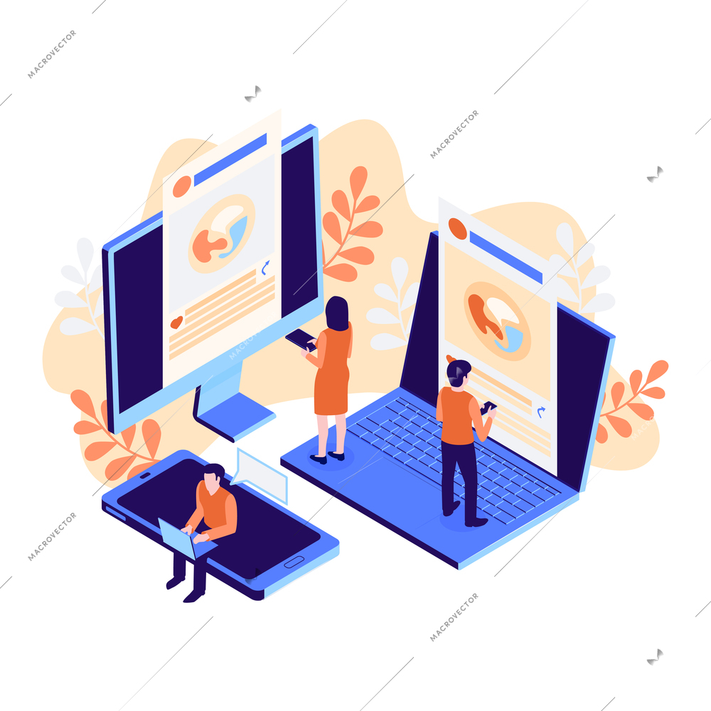 Isometric icon with electronic gadgets and characters using social media vector illustration