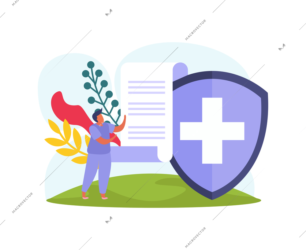 Health insurance policy icon with flat shield and human character vector illustration