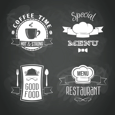 Restaurant menu food and drinks emblems black chalkboard set isolated vector illustration.